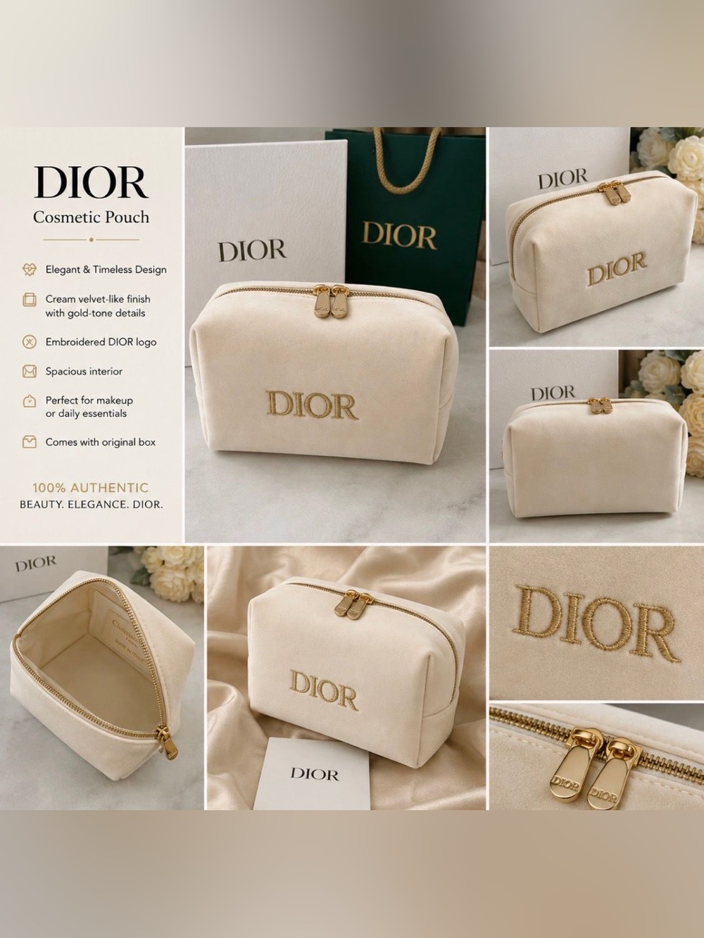 Dior Cream Velvet Cosmetic Pouch with Gold Logo